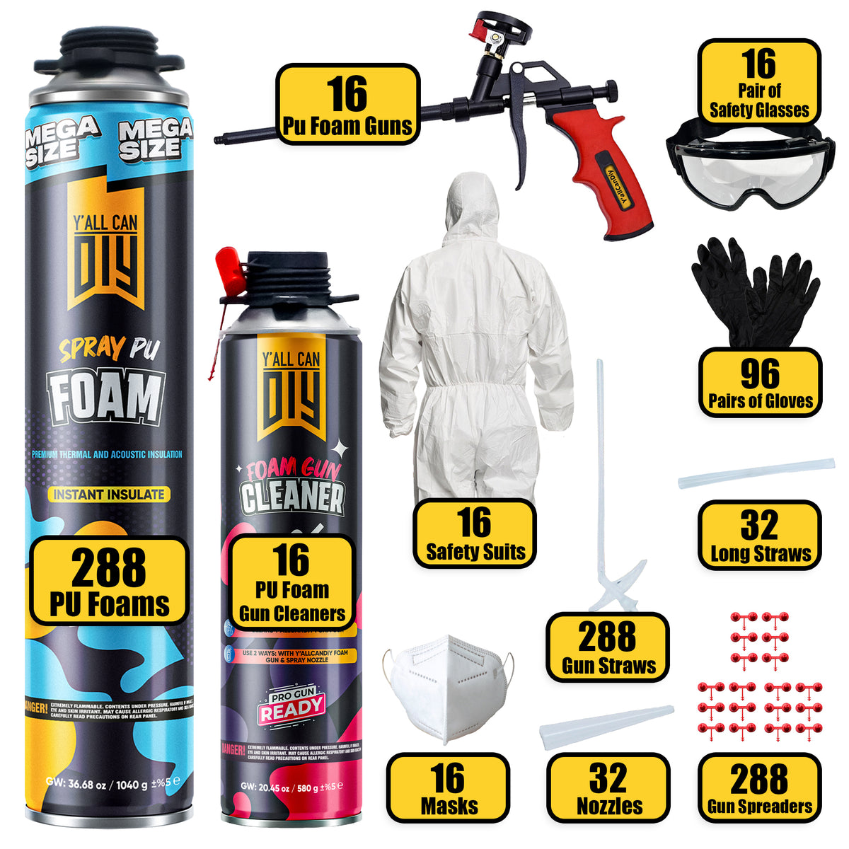 Y’allCanDIY Spray Foam Insulation Kit Bulk Bundle - 288 Cans (36.6 oz Each) with Full DIY Kit