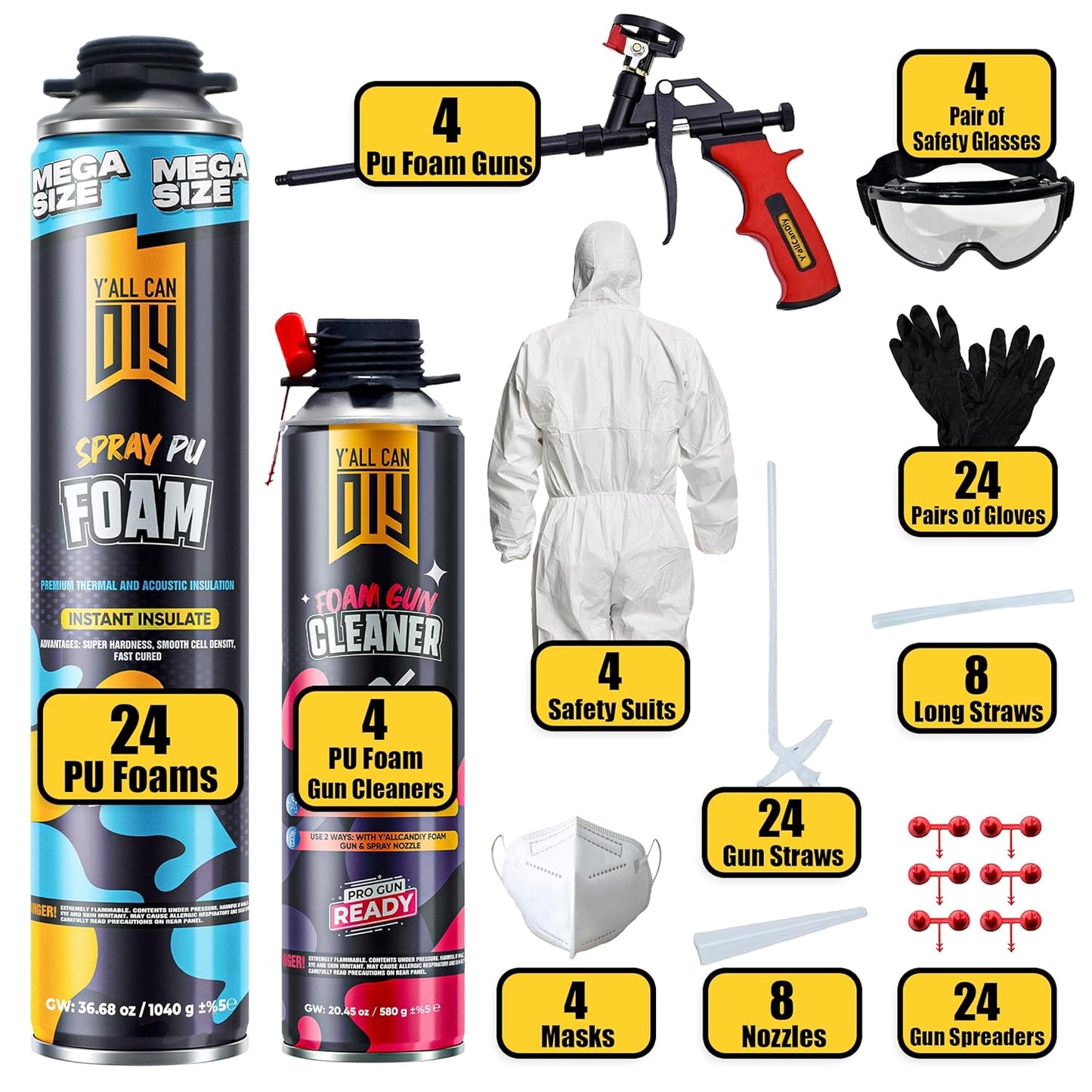 Y’allCanDIY Spray Foam Insulation Kit - 24 pack (36.6 oz Each) with Full DIY Kit
