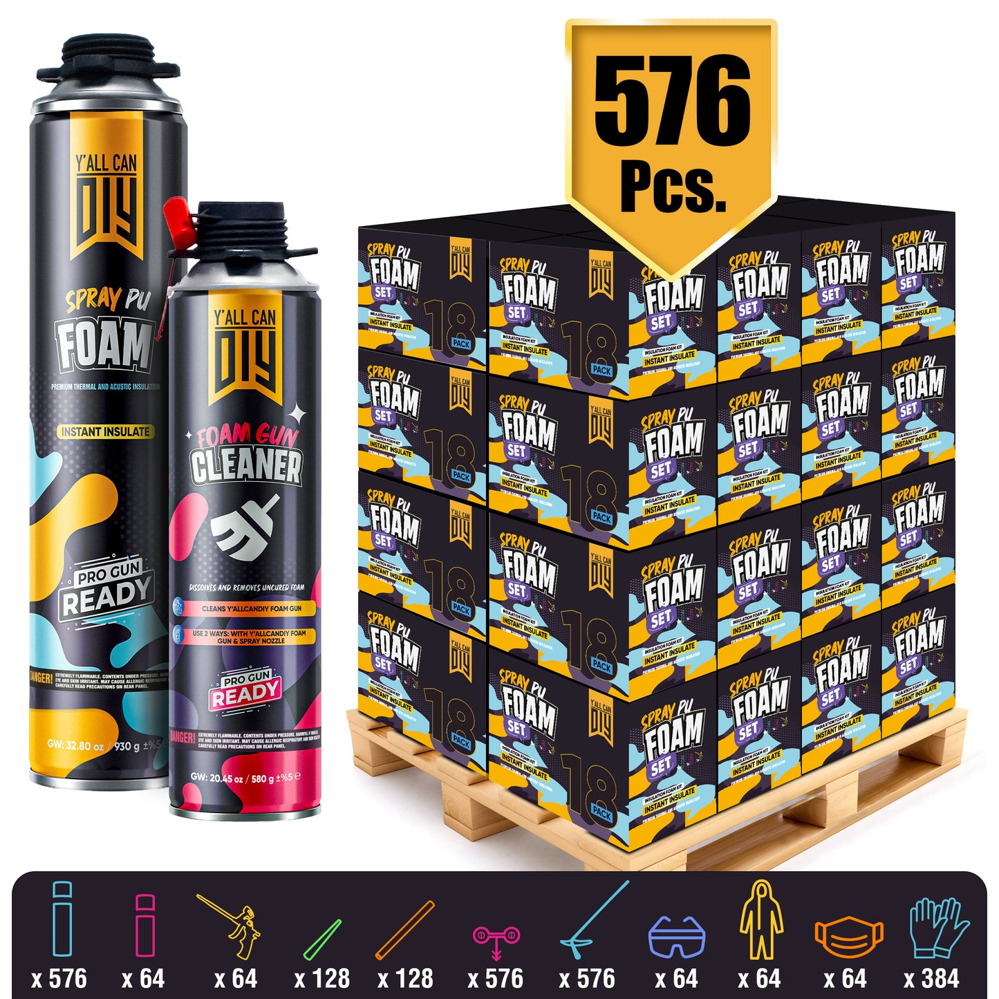 Y’allCanDIY Spray Foam Insulation Kit Bulk Bundle - 576 Cans (32.8 oz Each) with Full DIY Kit
