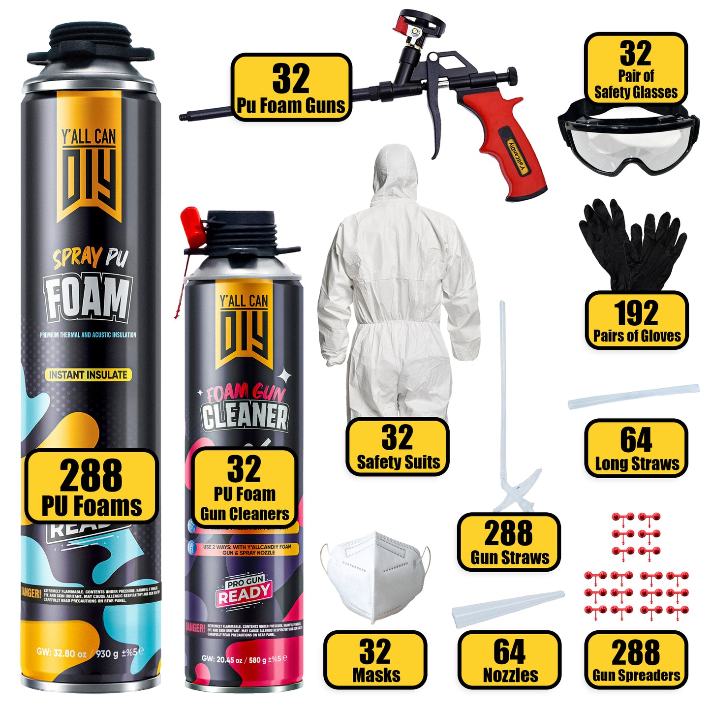 Y’allCanDIY Spray Foam Insulation Kit Bulk Bundle - 288 Cans (32.8 oz Each) with Full DIY Kit