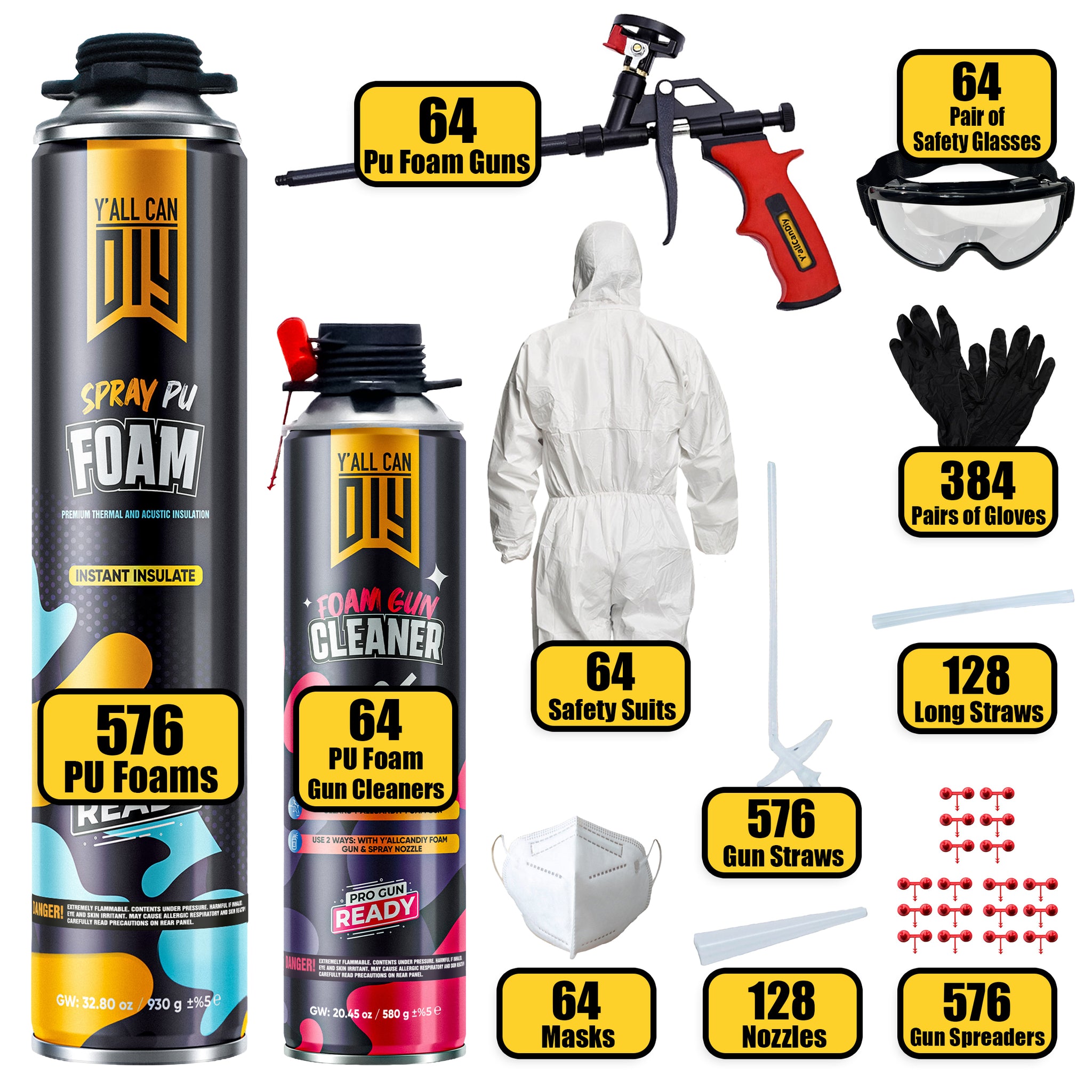 Y’allCanDIY Spray Foam Insulation Kit Bulk Bundle - 576 Cans (32.8 oz Each) with Full DIY Kit