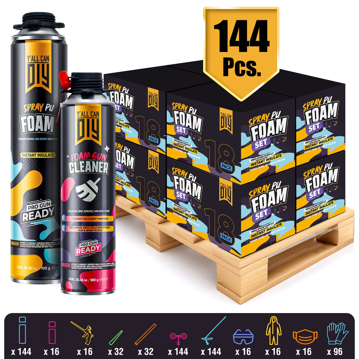 Y’allCanDIY Spray Foam Insulation Kit Bulk Bundle - 144 Cans (32.8 oz Each) with Full DIY Kit