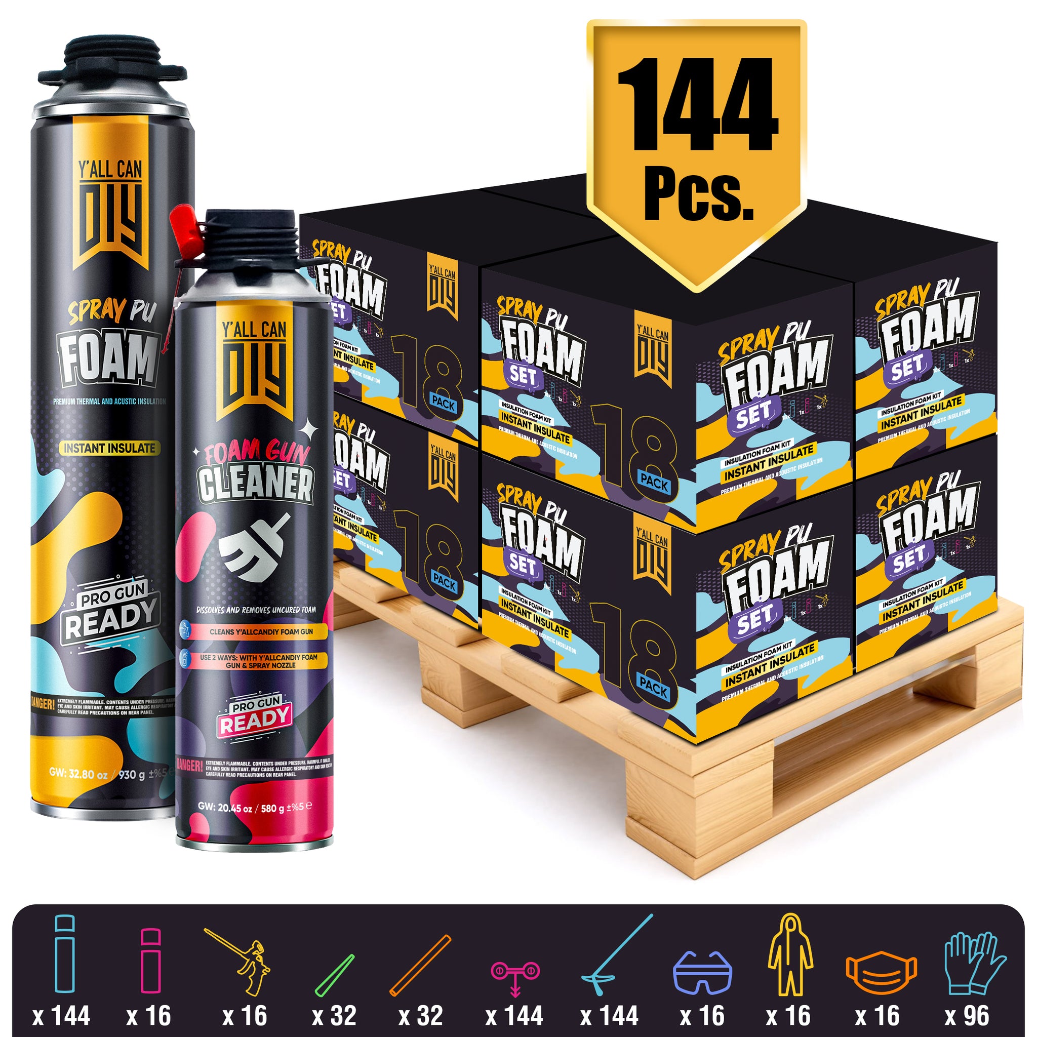 Y’allCanDIY Spray Foam Insulation Kit Bulk Bundle - 144 Cans (32.8 oz Each) with Full DIY Kit