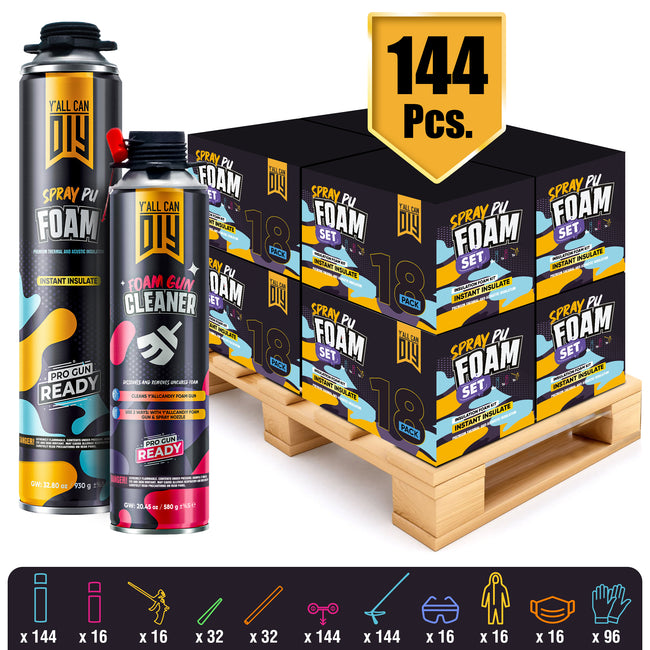 Y’allCanDIY Spray Foam Insulation Kit Bulk Bundle - 144 Cans (32.8 oz Each) with Full DIY Kit