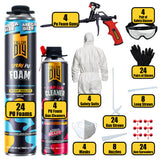 Set of spray foam products and accessories including cans, gun, suit, and tools on a white background.