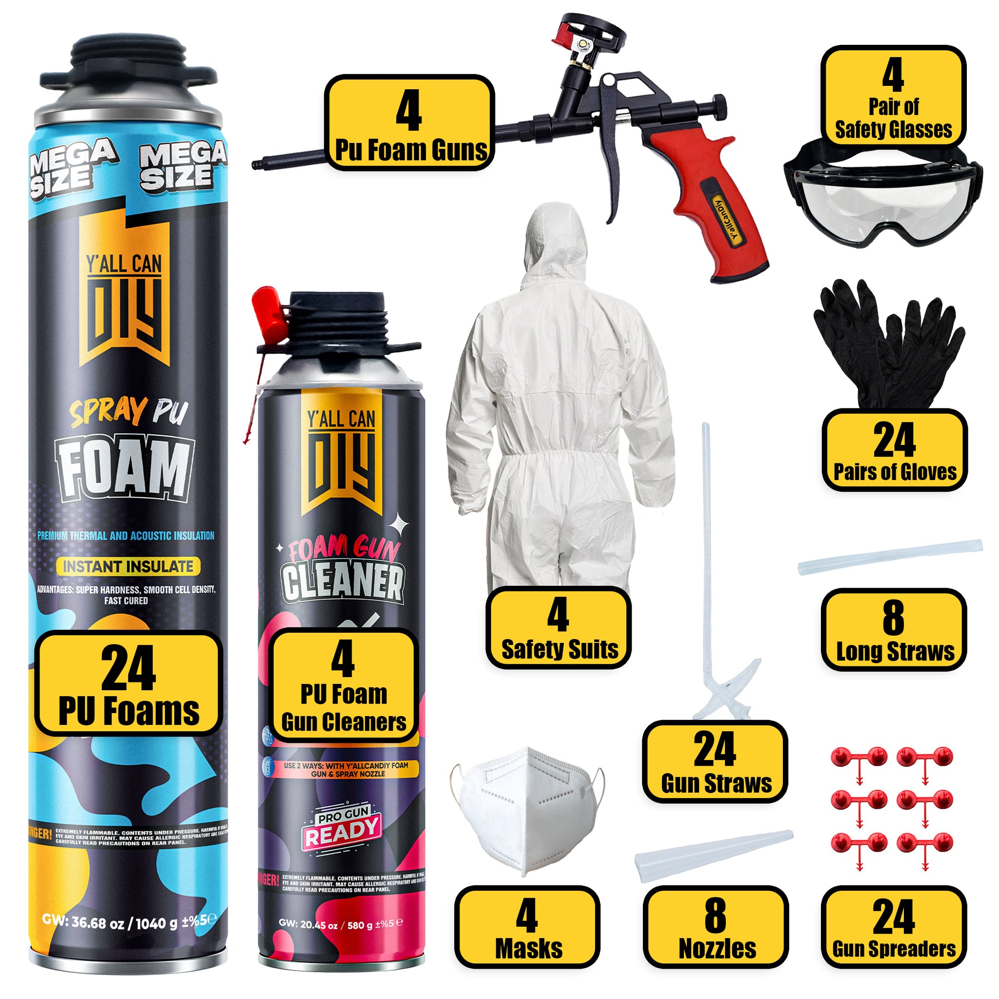 Set of spray foam products and accessories including cans, gun, suit, and tools on a white background.