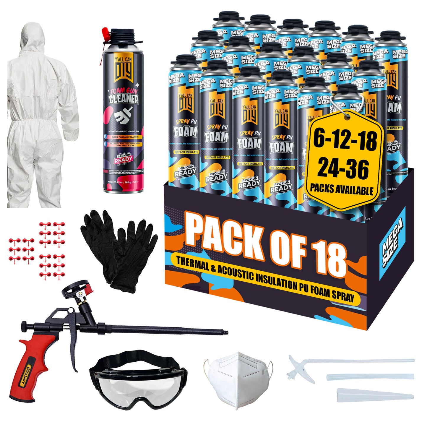 Y’allCanDIY Spray Foam Insulation Kit - 18 pack (36.6 oz Each) with Full DIY Kit