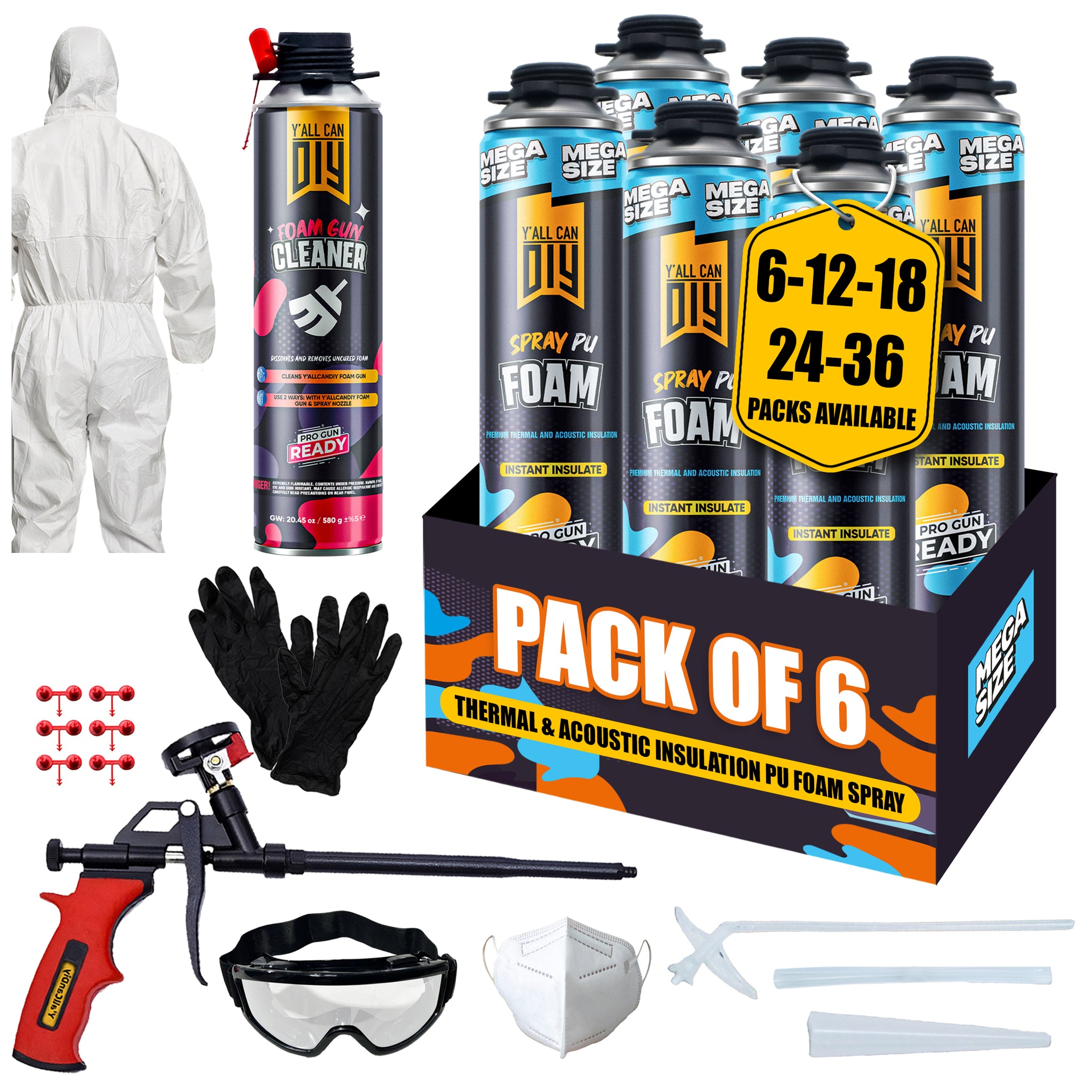 Y’allCanDIY Spray Foam Insulation Kit - 6 pack (36.6 oz Each) with Full DIY Kit