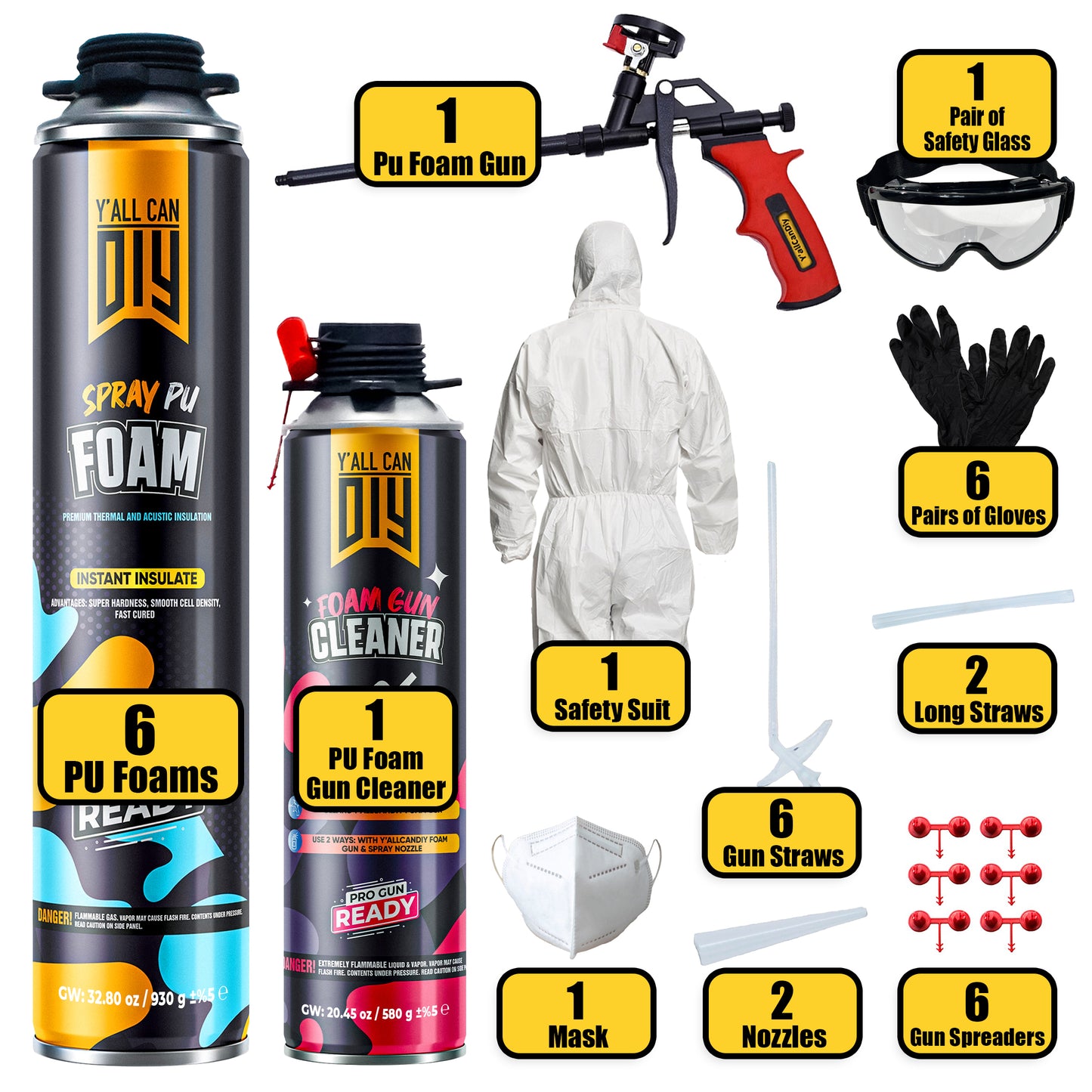 Y’allCanDIY Spray Foam Insulation Kit - 6 pack (36.6 oz Each) with Full DIY Kit