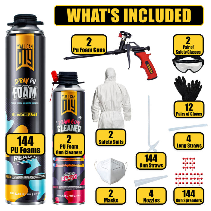 Y’allCanDIY Spray Foam Insulation Kit Bulk Bundle - 144 Cans (32.8 oz Each) with Full DIY Kit