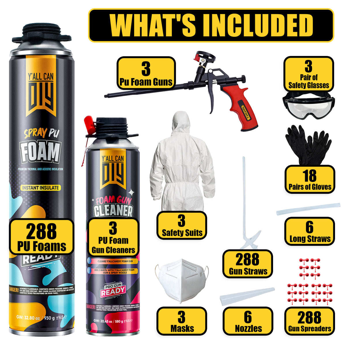 Y’allCanDIY Spray Foam Insulation Kit Bulk Bundle - 288 Cans (32.8 oz Each) with Full DIY Kit