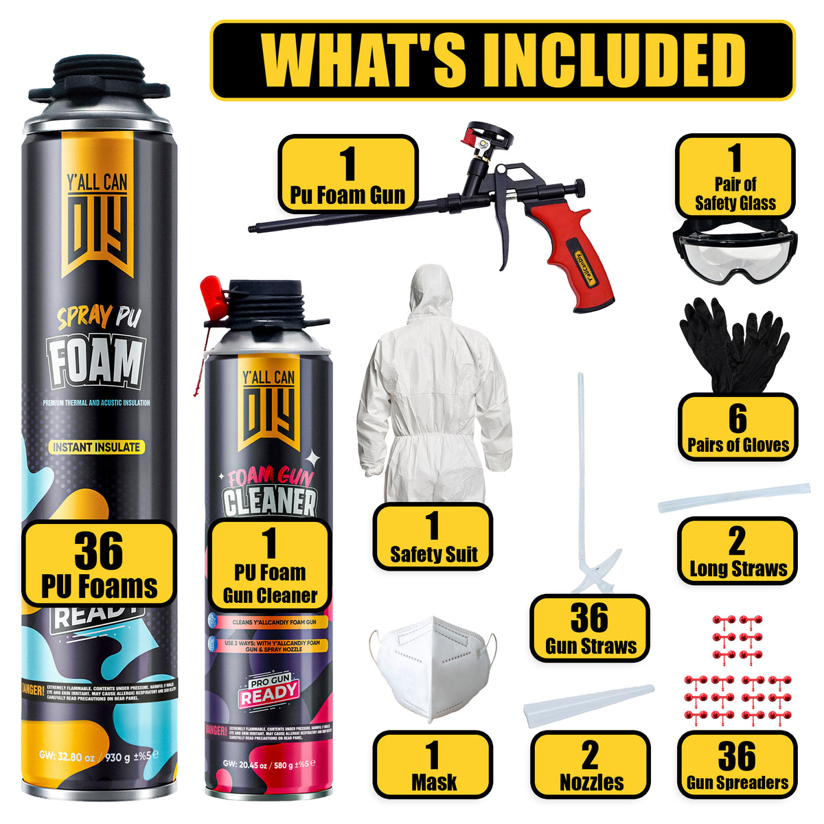 Y’allCanDIY Spray Foam Insulation Kit - 36 pack (32.8 oz Each) with Full DIY Kit