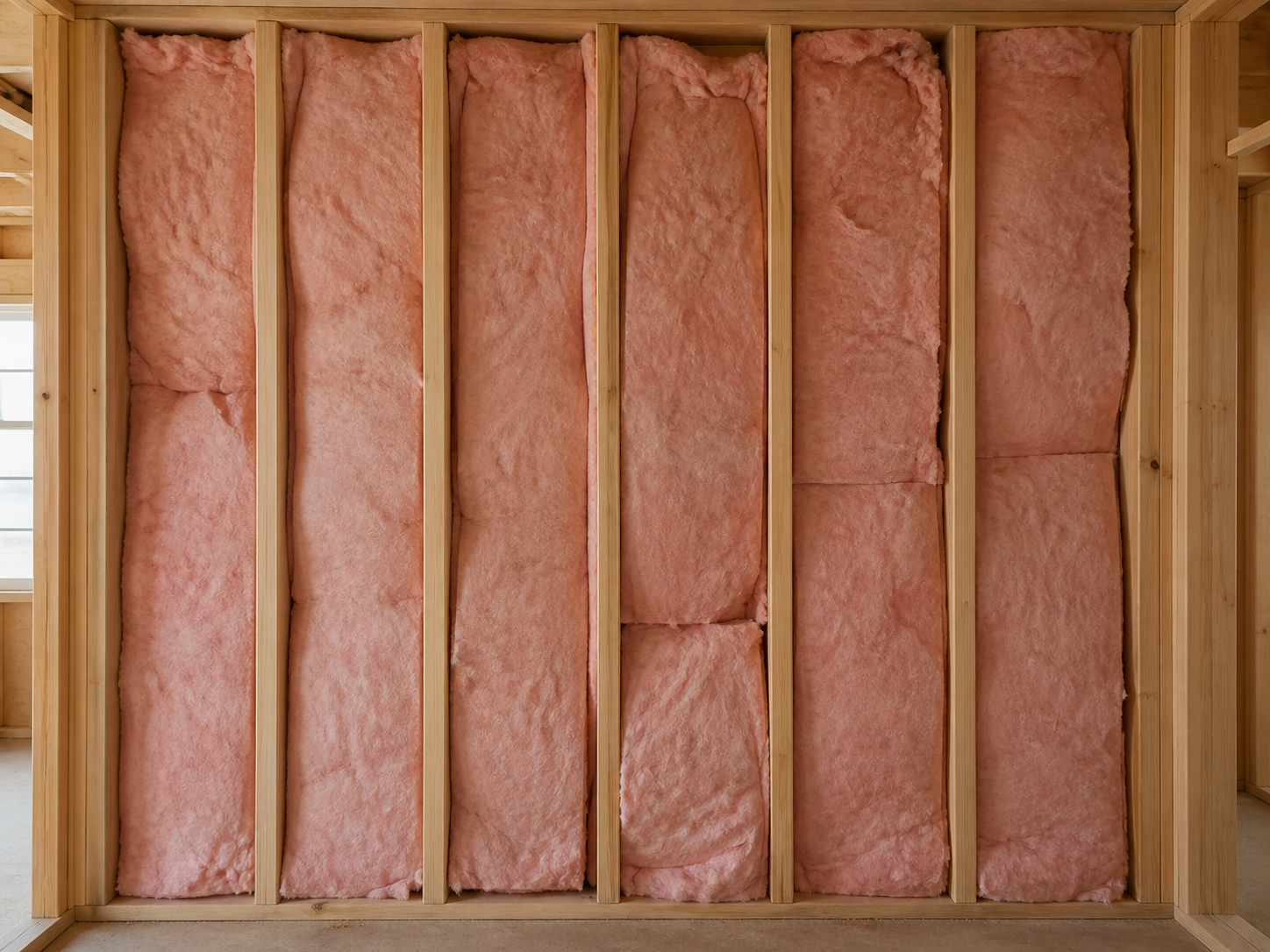 Pink fiberglass batt insulation fitted unevenly between timber studs
