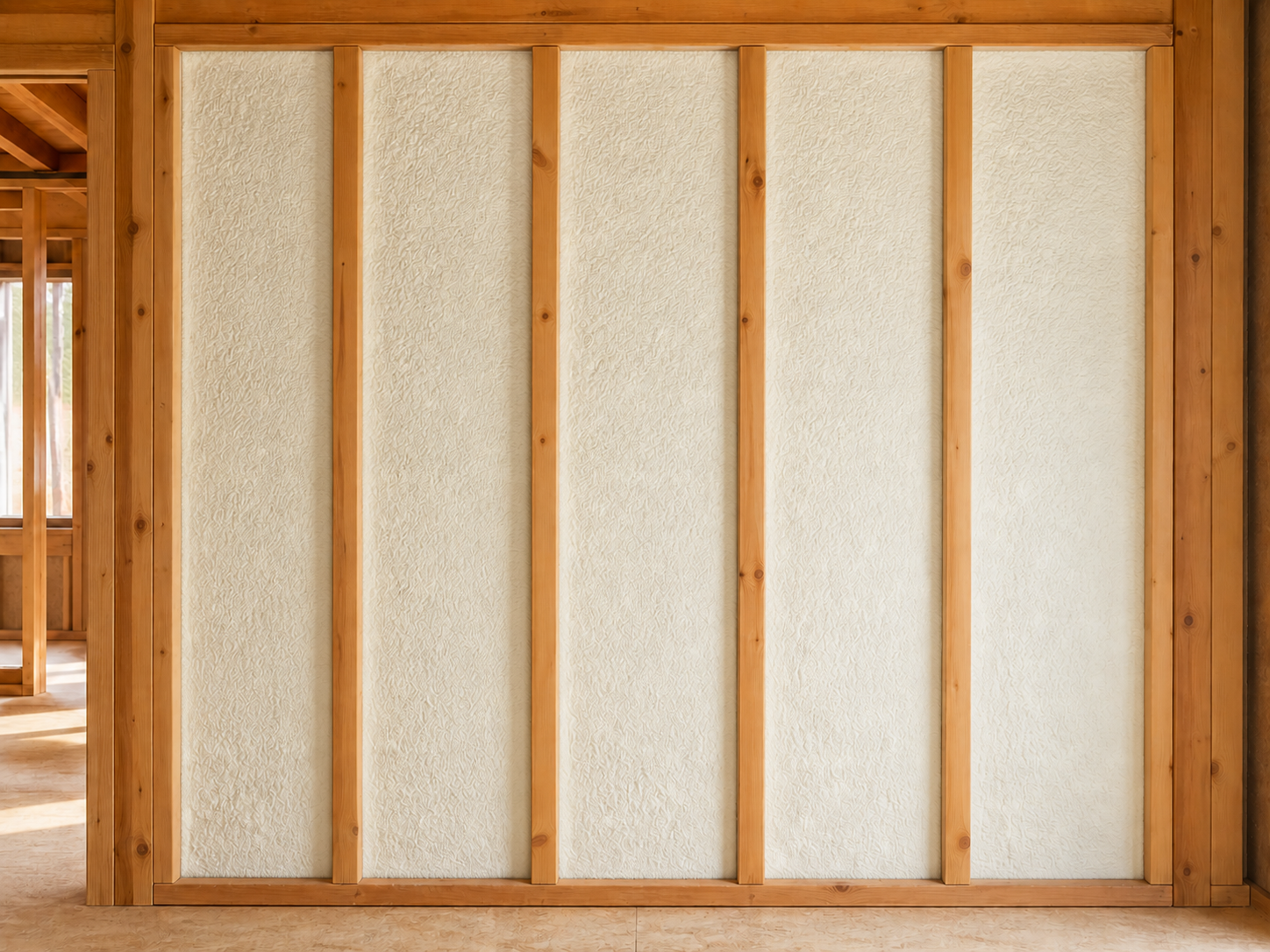 White spray foam insulation applied evenly between timber studs